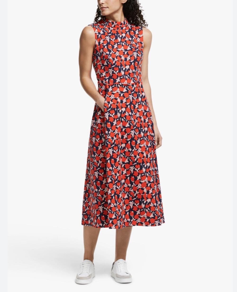Boden Miriam Dress 10 Petite Womens Sleeveless Floral Midi Red Navy Ponte Knit